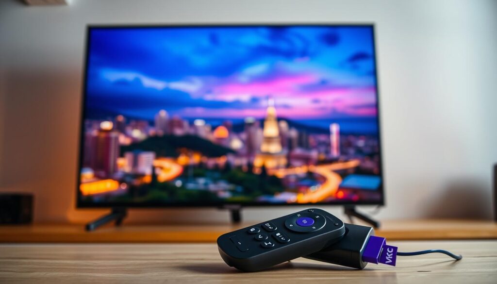 A high-definition IPTV streaming service on a Roku device, showcasing vibrant colors, crisp visuals, and smooth playback. The screen displays a cinematic landscape with a dynamic cityscape in the background, illuminated by warm, natural lighting. The foreground features a Roku remote control, emphasizing the seamless integration of IPTV technology with the user-friendly Roku platform. The overall scene conveys a sense of immersion and the benefits of enjoying premium IPTV content on a Roku device.