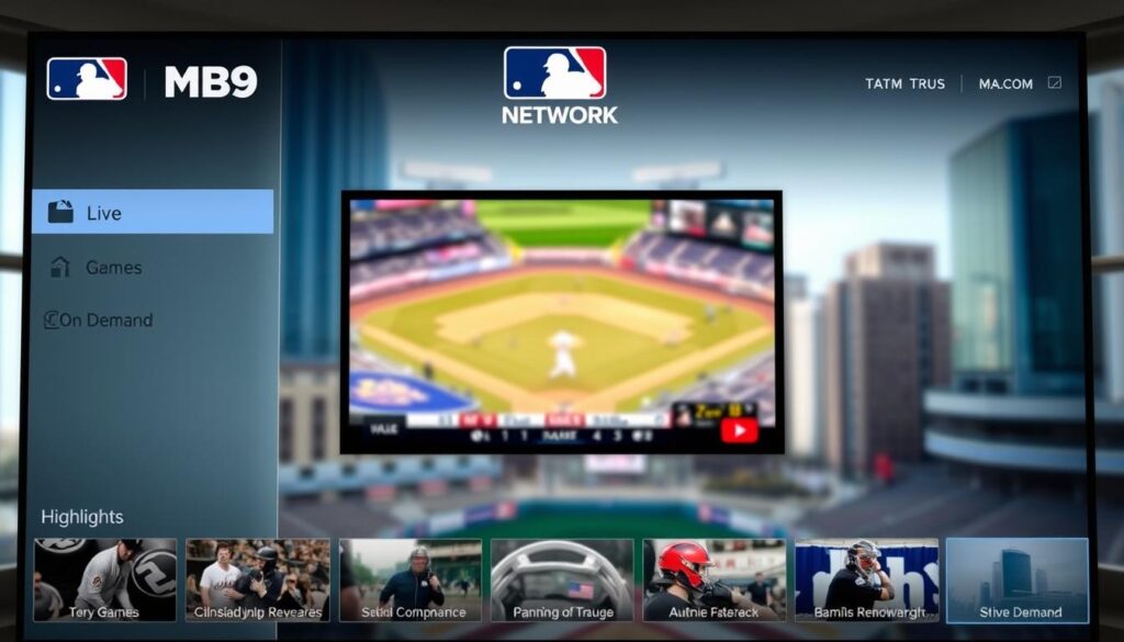 A high-definition, realistic image of the MLB Network IPTV user interface. The foreground shows the main menu with various content categories like "Live Games", "On Demand", and "Highlights". The middle ground features a large video window displaying the current live game. The background showcases a blurred cityscape, suggesting a modern, urban setting. The lighting is natural and soft, creating a welcoming atmosphere. The angles are slightly elevated to provide an immersive, user-centric perspective. The overall mood is one of excitement and anticipation for the baseball action about to unfold.