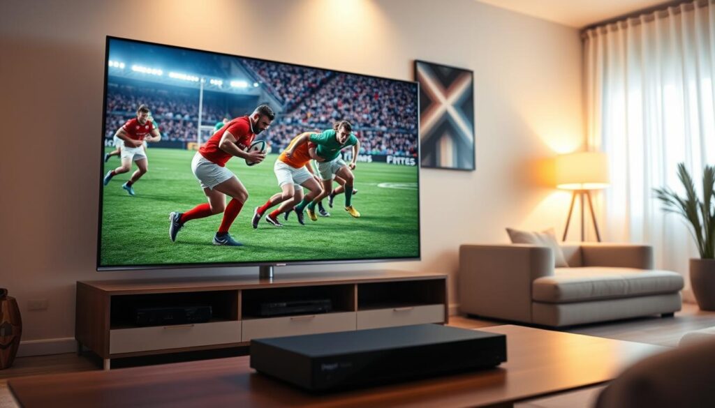A high-quality IPTV streaming experience, with crisp video and immersive audio. In the foreground, a sleek, modern TV set displays a rugby match in vivid detail, the players' movements captured with cinematic clarity. The middle ground features a minimalist entertainment center, housing a state-of-the-art IPTV streaming device. The background showcases a cozy living room, bathed in warm, soft lighting that creates a welcoming atmosphere. The overall scene conveys a sense of technological sophistication and the joy of watching a captivating sports event from the comfort of one's home.
