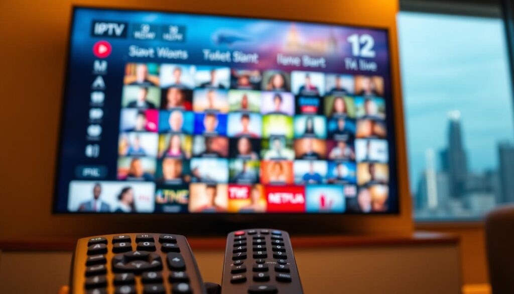 A high-quality IPTV streaming panel with a sleek, modern interface. The display is sharp and vibrant, showcasing a grid of live TV channels with thumbnails. The panel is illuminated by warm, soft lighting that creates a cozy, cinematic atmosphere. In the foreground, a remote control with intuitive buttons and an elegant design is prominently featured. The background features a blurred cityscape, hinting at the global reach and versatility of the IPTV service. The overall scene conveys a sense of advanced technology, user-friendliness, and the promise of an immersive, high-quality streaming experience.