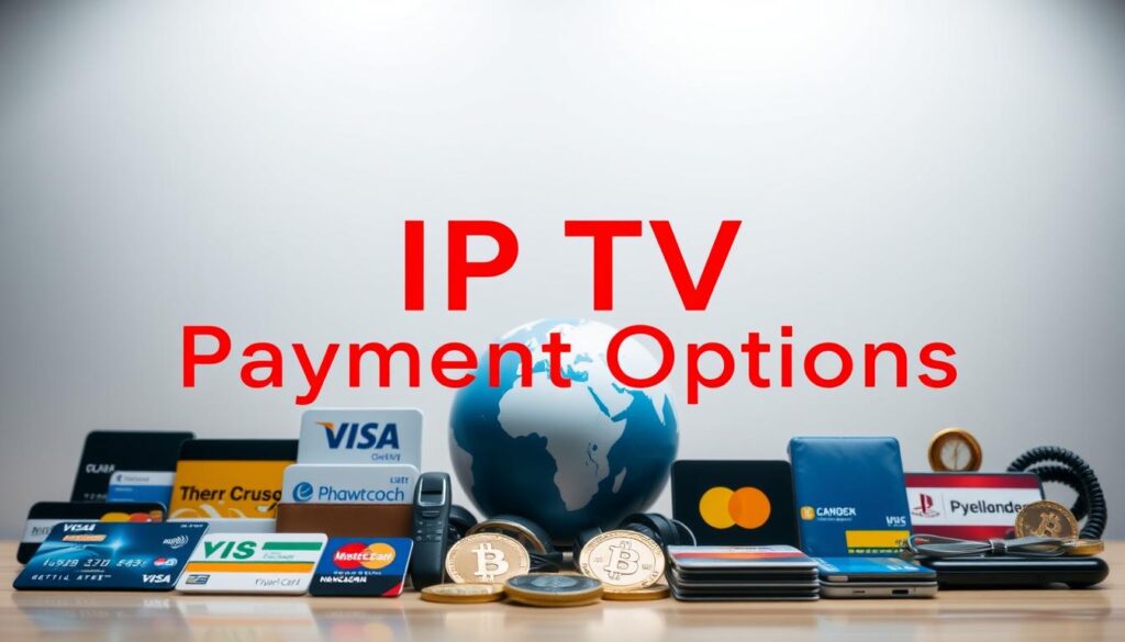 A high-quality, detailed image of "International IPTV Payment Options" showcasing various payment methods used for IPTV subscriptions worldwide. The foreground features an assortment of digital wallets, credit/debit cards, and cryptocurrency platforms displayed against a sleek, minimalist background. The middle ground includes a globe icon, suggesting the global reach of IPTV services. The lighting is soft and diffused, creating a professional, trustworthy atmosphere. The camera angle is slightly elevated, offering a comprehensive view of the payment options. The overall composition is balanced and visually appealing, conveying the reliability and security of international IPTV subscription payments.