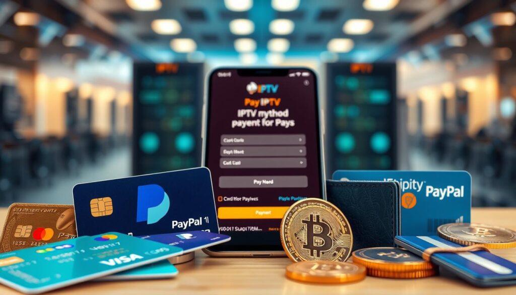A high-quality, detailed image showcasing the common payment methods for IPTV subscriptions. In the foreground, prominently display various payment options such as credit/debit cards, digital wallets like PayPal, and cryptocurrency wallets. Depict these payment methods with realistic, photorealistic textures and visual cues. In the middle ground, include a smartphone or tablet displaying an IPTV service's payment page. The background should convey a secure, modern, and tech-savvy atmosphere, perhaps with a blurred cityscape or server infrastructure. Utilize soft, warm lighting to create a professional, trustworthy feel. Ensure the composition is well-balanced and draws the viewer's attention to the key payment methods.