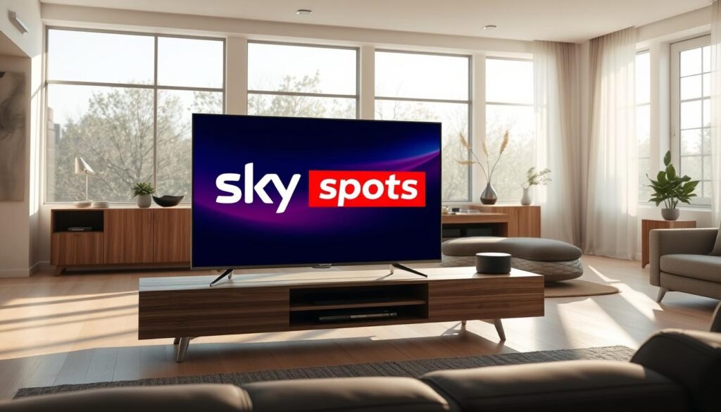 A high-quality, photorealistic image of the Sky Sports television channels displayed on a modern, sleek TV set. The TV screen shows the iconic Sky Sports logo and channel branding, with a crisp, vibrant image quality. The TV is placed on a minimalist, wooden entertainment center, against a backdrop of a bright, sun-drenched living room with large windows and neutral-toned decor. Soft, natural lighting filters through the windows, creating a warm, inviting atmosphere. The overall composition conveys a sense of sophistication and the premium, high-end nature of the Sky Sports brand.
