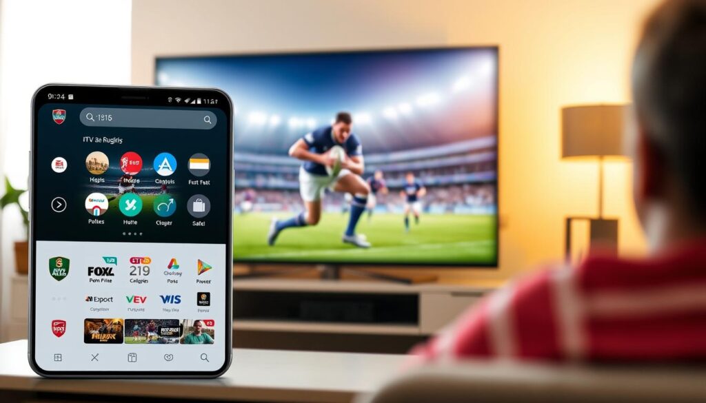 A high-quality, professional image of the "itv sport iptv" service, showcasing its features and capabilities for rugby fans. The foreground depicts the ITV Sport IPTV app interface, with a clean, modern design and intuitive navigation. The middle ground features a large, high-definition display of a rugby match, captured with a cinematic, wide-angle lens to convey the immersive viewing experience. The background is softly blurred, creating a sense of depth and emphasizing the focal point. The lighting is natural and warm, evoking a cozy, comfortable atmosphere for the viewer. The overall composition and tone are designed to appeal to rugby enthusiasts, highlighting the convenience and quality of the ITV Sport IPTV service.