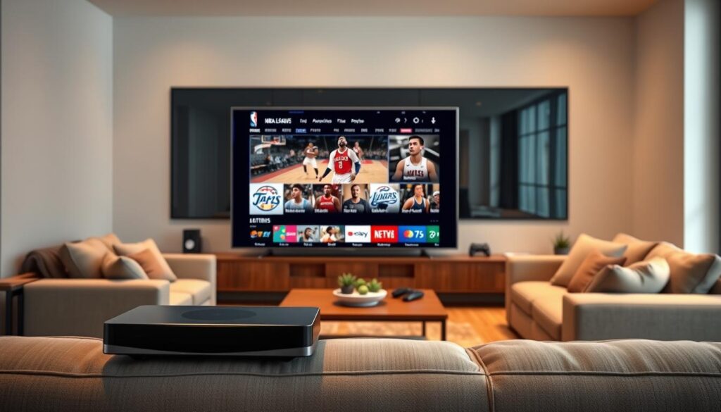 A high-resolution, photorealistic image of an NBA League Pass IPTV service. The foreground features a sleek, modern smart TV or streaming device displaying the NBA League Pass user interface, showcasing live game feeds, team logos, and player statistics. The middle ground depicts a cozy living room setup with a comfortable sofa, a coffee table, and additional connected devices like a gaming console or a smartphone. The background features a large, high-definition display on the wall, further emphasizing the immersive viewing experience. The overall scene conveys a sense of premium sports entertainment, high-quality streaming, and the convenience of accessing the NBA League Pass content through an IPTV platform. Lighting is natural and balanced, with a warm, inviting atmosphere.