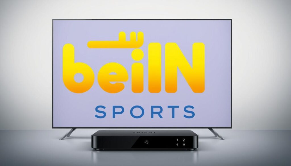 A high-resolution, realistic image of the beIN Sports Arabic IPTV logo prominently displayed on a sleek, modern device such as a smart TV or streaming box. The logo is rendered in the signature beIN Sports color scheme of blue and gold, with a crisp and vivid quality. The device is shown in a clean, well-lit studio setting, with a subtle gradient background that conveys a sense of professionalism and authority. The overall composition emphasizes the popularity and prominence of the beIN Sports Arabic platform, reflecting its widespread use and recognition in the Middle East region.