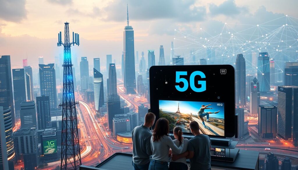 A high-tech cityscape with gleaming skyscrapers and bustling streets. In the foreground, a large 5G cellular tower emits a pulsing blue glow, its signal waves radiating outward. In the middle ground, a family gathers around a sleek IPTV console, their faces lit by the vivid, high-definition display. The background is filled with a network of interconnected devices, data streams, and IoT sensors, all powered by the low-latency, high-bandwidth 5G infrastructure. The overall scene conveys the seamless integration of 5G technology into the future of content delivery and home entertainment.