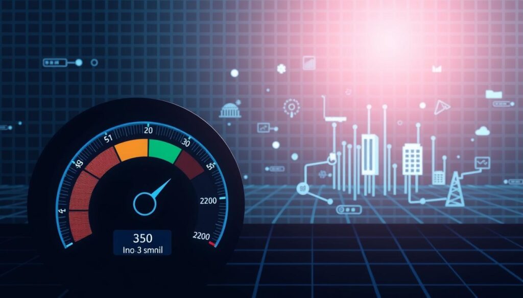 A highly detailed, technical illustration of internet speed requirements for seamless IPTV streaming. A sleek, modern composition with a minimalist aesthetic. In the foreground, a digital speedometer displaying various internet speed thresholds, color-coded to indicate optimal performance. In the middle ground, dynamic data visualizations and network infrastructure symbols, conveying the technical complexities of internet connectivity. The background features a subtle grid pattern, representing the interconnected, digital landscape. Soft, directional lighting creates depth and highlights the precision of the technical elements. The overall mood is one of clarity, functionality and technological sophistication.