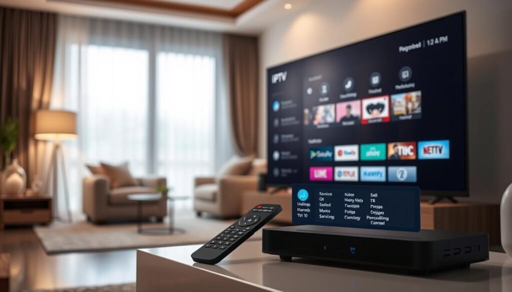 A home entertainment system with a sleek and modern IPTV interface, showcasing customizable features and settings. The foreground displays a smart TV or set-top box with a minimalist on-screen display, allowing the user to navigate various channels, services, and personalization options. The middle ground features a handheld remote control or a smartphone app, symbolizing the flexibility of controlling the IPTV experience. The background depicts a cozy living room setting, with subtle lighting and contemporary furnishings, creating a warm and immersive atmosphere for the user to enjoy their tailored IPTV entertainment.