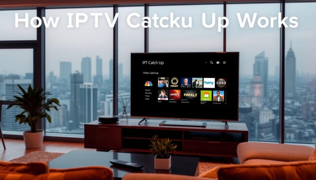 A living room scene with a television displaying the "IPTV Catch Up" interface. The television is set against a tasteful, modern decor with warm lighting and muted colors. In the foreground, a coffee table with a remote control and a potted plant. Through a large window, a cityscape is visible in the background, with skyscrapers and a hazy, atmospheric sky. The overall mood is one of calm, relaxation, and technological convenience, reflecting the "How IPTV Catch Up Works" section title.
