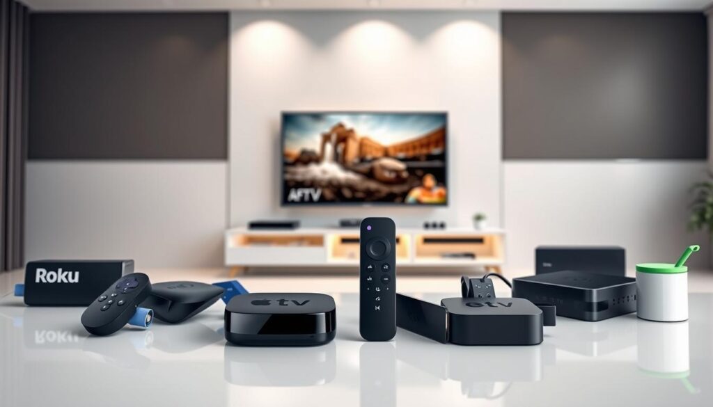 A meticulously crafted image of various streaming devices against a backdrop of a sleek, minimalist living room. In the foreground, a selection of modern streaming devices such as Roku, Apple TV, Fire TV, and Android TV set-top boxes are arranged in a visually appealing composition. The middle ground features a well-lit entertainment unit with a large, high-definition television screen, creating a sense of immersion. The background showcases a clean, contemporary interior design with neutral tones and subtle lighting, emphasizing the premium nature of the streaming setup. The overall atmosphere conveys a sense of technological sophistication and seamless integration, perfectly suited for the "Streaming Devices Compatible with IPTV" section of the article.