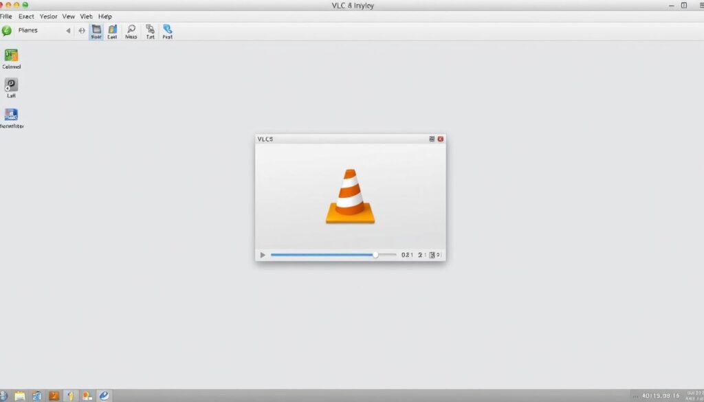 A minimalist, modern desktop interface with a large central window displaying the VLC media player logo. The interface has a clean, sleek design with a muted color palette of grays, whites, and blues. The player window is prominently featured, surrounded by a simple toolbar and menu options. Soft, even lighting creates a professional, inviting atmosphere, capturing the user-friendly nature of the VLC software. The entire scene conveys a sense of simplicity and accessibility, reflecting the ease of installing and using the VLC media player.