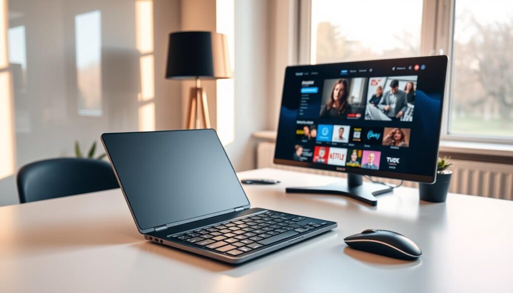 A modern and minimalist home office setup with a sleek laptop, a wireless keyboard and mouse, and a monitor displaying a streaming platform's user interface. The room is bathed in warm, natural lighting from a large window, creating a cozy and productive atmosphere. The desk surface is clean and uncluttered, with a subtle plant adding a touch of greenery. The overall scene conveys a sense of legality and legitimacy in the use of streaming technology for entertainment and information consumption.