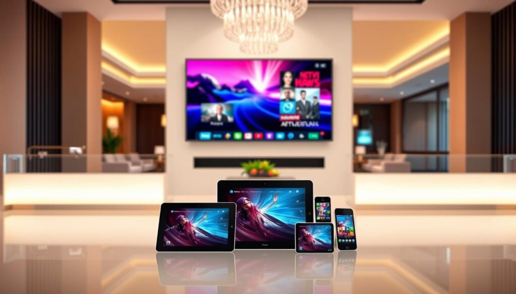 A modern, high-tech commercial IPTV system for a hotel lobby. A sleek, wall-mounted display screen showcases a rich, vibrant interface with crisp, high-definition video streams. The middle ground features an array of smart devices like tablets and smartphones, highlighting the ease of access and integration. In the background, a clean, minimalist hotel interior with warm lighting and elegant furnishings creates a luxurious, sophisticated ambiance. The overall scene conveys the cutting-edge technology, seamless user experience, and premium hospitality that defines a state-of-the-art IPTV solution for hotels.