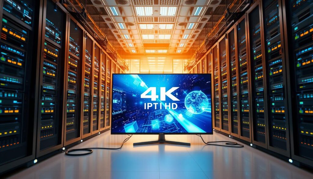 A modern, high-tech data center filled with racks of powerful servers and glowing LED lights. In the foreground, a sleek 4K Ultra HD television showcases vibrant, crystal-clear imagery. Cables and networking equipment connect the TV to the server infrastructure, representing the seamless integration of the latest streaming technology. The background is bathed in a warm, futuristic glow, with a sense of technological prowess and innovation. The scene conveys the cutting-edge nature of 4K IPTV and the immersive, high-definition viewing experience it provides.