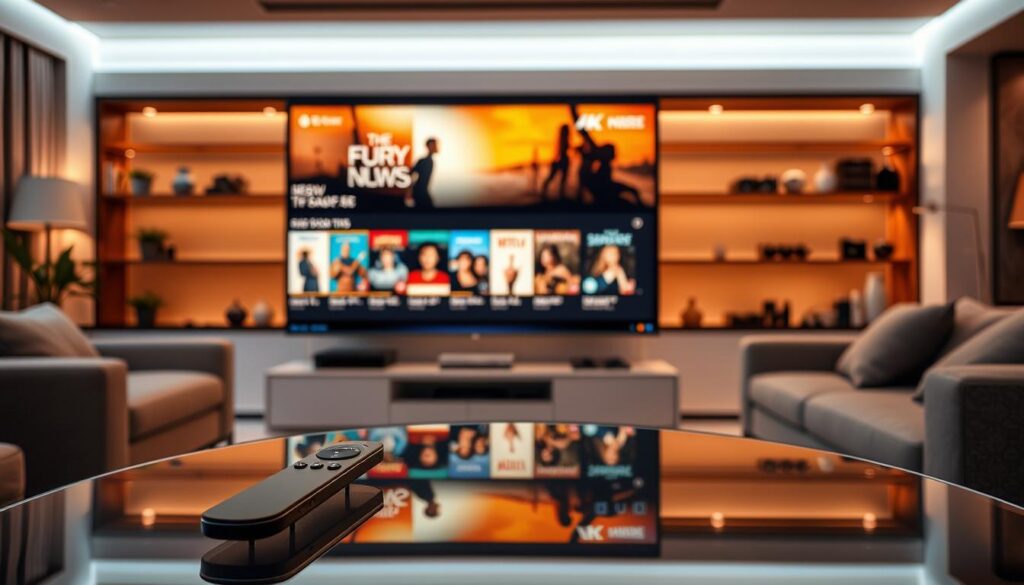 A modern, high-tech living room with a large, 4K television screen displaying a dynamic, user-friendly catch-up TV interface. The screen shows a selection of popular TV shows and movies with clear thumbnails, episode titles, and progress bars. The room is bathed in warm, ambient lighting, creating a cozy and inviting atmosphere. In the foreground, a sleek, minimalist remote control lies on a glass coffee table, symbolizing the ease of access to the catch-up TV features. The overall scene conveys the convenience and flexibility of a catch-up TV system, perfect for the "Key Features to Look For" section of the article.