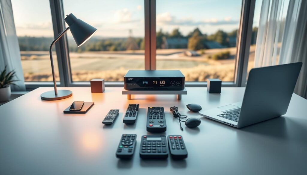 A modern home office setup with a sleek, minimalist desk featuring an IPTV DVR device prominently displayed. The desk is illuminated by a soft, warm light that creates a cozy, inviting atmosphere. In the middle ground, various remote controls and a laptop are arranged neatly, suggesting the user's ability to easily manage and control their IPTV recording setup. The background features a large window overlooking a serene outdoor landscape, adding a sense of tranquility to the scene. The overall composition conveys a sense of efficiency, organization, and the user's enjoyment of their IPTV recording capabilities.