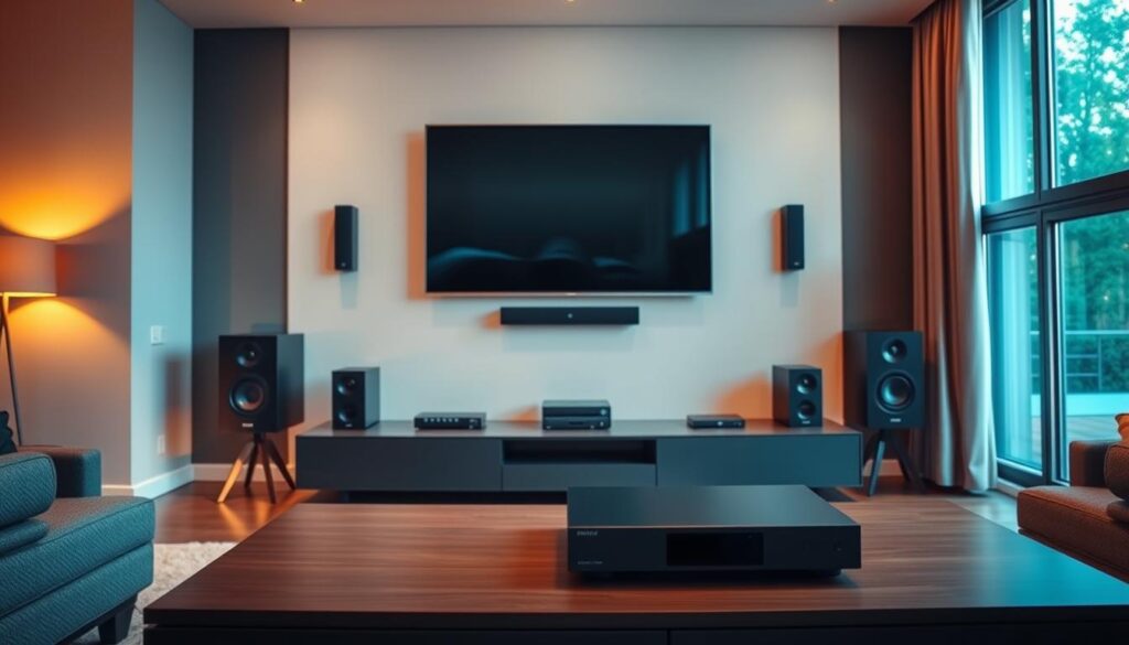 A modern home theater setup with an IPTV system. The living room features a large 4K TV mounted on the wall, surrounded by sleek black speakers and a subwoofer. In the foreground, a high-end media player and streaming box are neatly arranged on a minimalist entertainment center. Warm, ambient lighting creates a cozy atmosphere, while large windows provide natural illumination. The overall scene conveys a sense of technological sophistication and immersive cinematic experience, suitable for troubleshooting common IPTV issues.