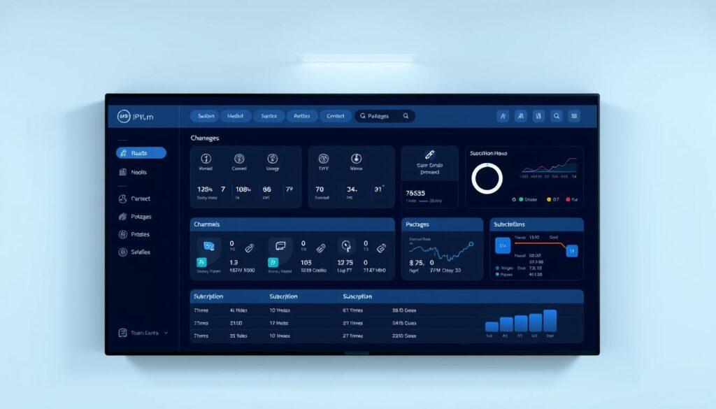 A modern, minimalist IPTV reseller panel against a clean, light background. The panel features a sleek, intuitive dashboard with easy-to-navigate menus and clear performance metrics. Channels, packages, and subscription details are displayed in a visually organized manner. The panel has a sophisticated, professional appearance with a subtle color scheme of blues and grays. Subtle lighting from above casts a soft glow, creating depth and highlighting the panel's premium design. The overall impression is one of efficiency, reliability, and a premium IPTV reseller experience.