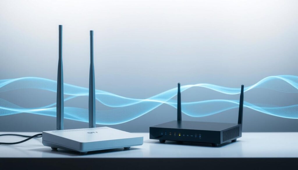 A modern minimalist design depicting the factors influencing IPTV streaming quality. In the foreground, a sleek cable modem and router setup, their surfaces reflecting soft diffused lighting. In the middle ground, undulating digital waves represent the internet connection, their speed and stability visually conveyed through a dynamic energy. The background features a simple gradient, evoking the notion of a reliable, high-speed internet infrastructure. The overall mood is one of technological sophistication and visual simplicity, allowing the core concepts to shine through.