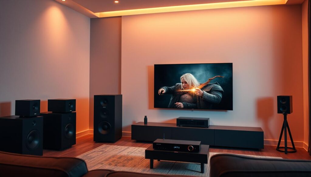 A modern, minimalist home theater setup with a sleek 5.1 surround sound system and a flat-screen IPTV display. The room is bathed in warm, ambient lighting, creating a cozy and immersive atmosphere. The speakers are strategically placed around the room, blending seamlessly with the décor. The IPTV device is discreetly integrated into the entertainment system, ready to deliver a high-quality, seamless streaming experience. The overall setup conveys a sense of technological sophistication and attention to detail, perfectly suited for an avid home cinema enthusiast.