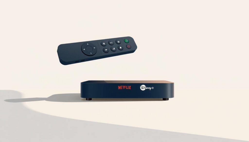 A modern, minimalist illustration showcasing Google TV features. In the foreground, an elegantly-designed Google TV remote with its distinctive circular navigation pad, volume buttons, and assistant button. The remote hovers above a sleek, dark grey Google TV device, its clean lines and rounded corners conveying a premium aesthetic. In the middle ground, a series of app icons representing popular streaming services like Netflix, Hulu, and Disney+, neatly arranged to highlight the breadth of content available. The background depicts a subtly-textured, light grey surface, with gentle shadows adding depth and dimension. Soft, indirect lighting casts a warm, inviting glow across the scene, creating a sense of sophistication and technological prowess.