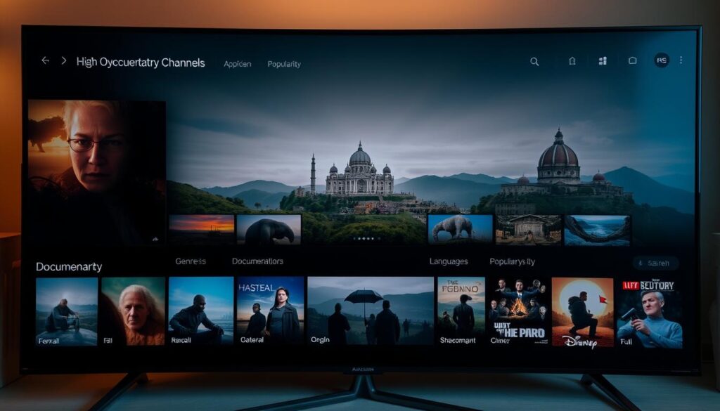 A modern, sleek IPTV interface featuring an array of high-quality documentary channels. In the foreground, a curated selection of documentary thumbnails with evocative titles and vibrant artwork. In the middle ground, a clean, minimalist UI with intuitive navigation menus and filters for genres, languages, and popularity. The background showcases a cinematic landscape of lush natural settings, historic landmarks, and cultural imagery, hinting at the vast breadth of documentary content available. Soft, warm lighting creates a cozy, inviting atmosphere, drawing the viewer in to explore the wealth of exclusive, thought-provoking documentaries.