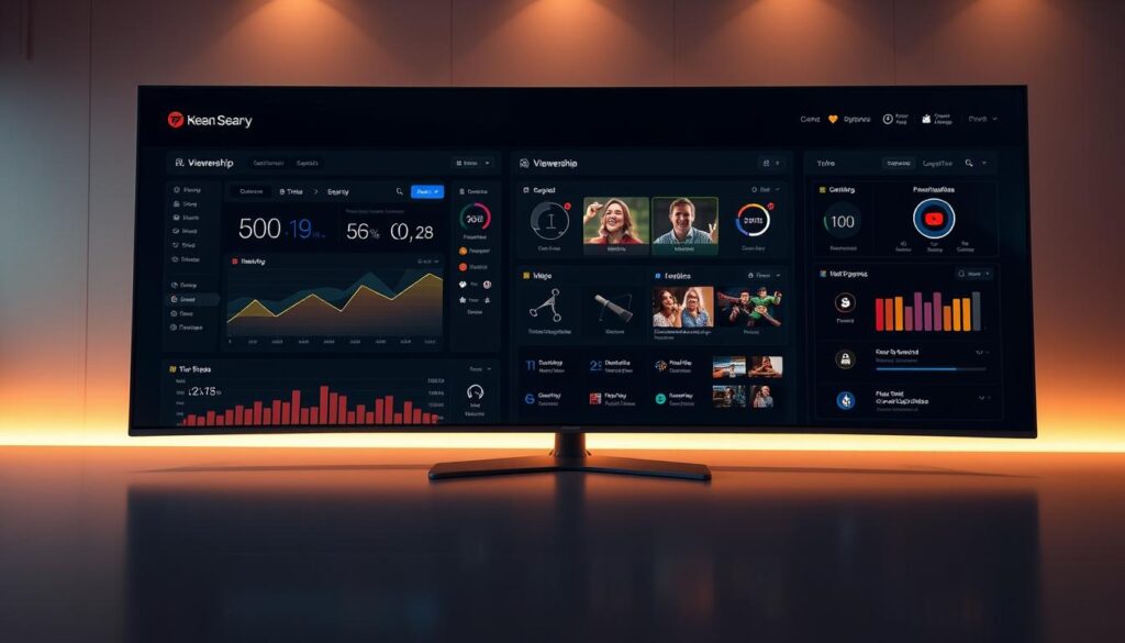 A modern, sleek streaming service management panel, with a sophisticated dark user interface. In the foreground, a high-resolution display showcases detailed analytics and viewership data, presented in an intuitive and visually appealing manner. The middle ground features various control and configuration options, allowing for seamless management of content, subscriptions, and user accounts. The background subtly evokes a sense of technological prowess, with subtle gradients and minimalist design elements that create a professional, enterprise-grade aesthetic. Warm, directional lighting casts a subtle glow, enhancing the overall sense of precision and control. The scene conveys a level of sophistication and power befitting a comprehensive IPTV reseller management system.