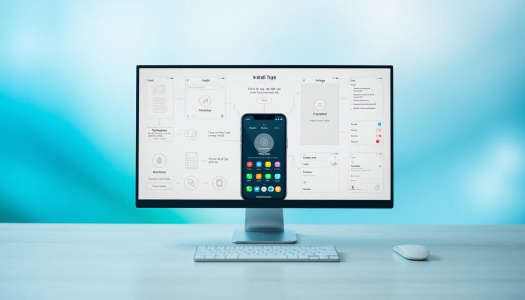 A neatly organized desktop displaying step-by-step instructions for installing a mobile app. The foreground features a smartphone screen with the app interface, surrounded by clear illustrations and diagrams. The middle ground showcases various UI elements like buttons, menus, and settings panels, all rendered in a clean, minimalist style. The background has a soft, blurred gradient in soothing shades of blue and green, creating a calming, professional atmosphere. Bright, natural lighting illuminates the scene, with a slight vignette effect to draw the viewer's focus. The overall composition conveys a sense of simplicity, accessibility, and guided assistance for the app installation process.