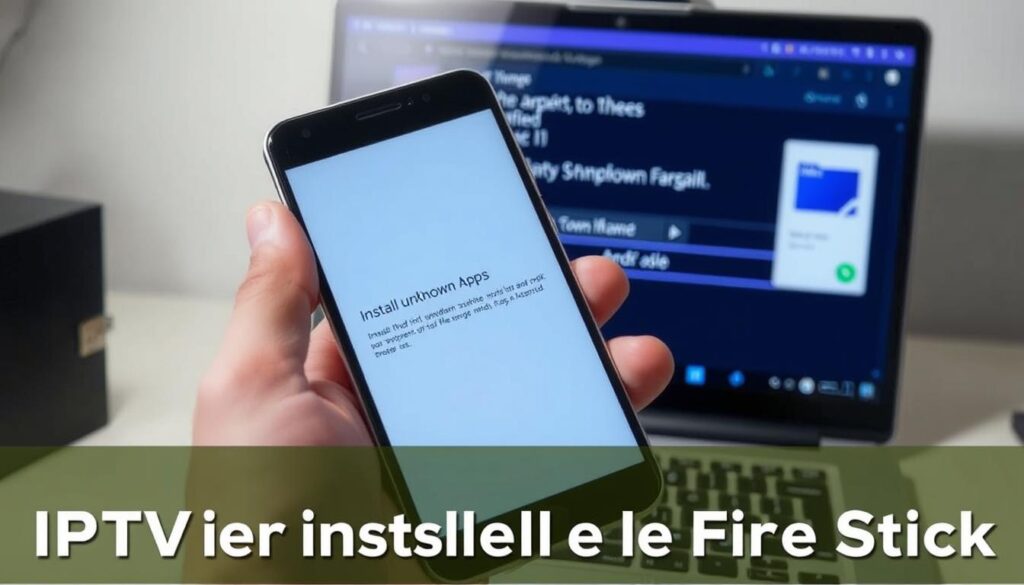 A person's hand holding an Android smartphone, the screen displaying the "Install unknown apps" setting. In the background, a laptop or desktop computer screen showing the process of sideloading an APK file. The image should convey the concept of installing third-party apps on an Android device, with a clean, technical aesthetic and a focus on the mechanics of the sideloading process. Soft, directional lighting illuminates the scene, creating depth and highlighting the key elements. The overall mood should be informative and instructional, suitable for illustrating a guide on IPTV installation for Firestick.
