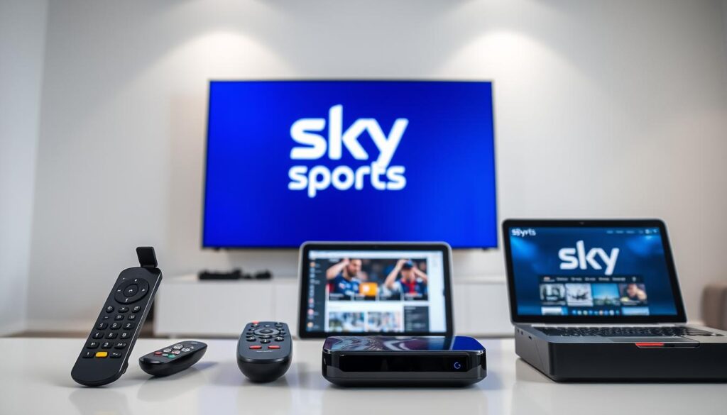 A pristine, high-definition IPTV setup prominently displaying the Sky Sports logo on a sleek, modern TV screen. The foreground features various IPTV remote controls and streaming devices, carefully arranged to showcase their functionality. The middle ground showcases a laptop or tablet displaying the Sky Sports website, highlighting the user-friendly interface and accessibility of the IPTV service. The background depicts a minimalist, well-lit living room setting, creating a sense of sophistication and professionalism. The overall atmosphere conveys the ease and legality of accessing Sky Sports content through a reliable IPTV service provider.