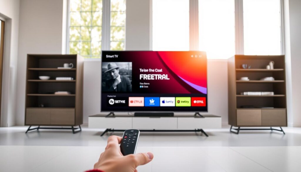 A pristine, well-lit studio setting showcasing a modern smart TV displaying a streaming service's free trial offer. In the foreground, a sleek remote control invites interaction. The middle ground features a minimal, stylish entertainment center with clean lines and a subtle, sophisticated color palette. The background depicts a bright, airy room with large windows, allowing natural light to fill the space and cast a warm, inviting glow. The overall composition conveys a sense of premium quality, cutting-edge technology, and the enticing benefits of a premium streaming experience available through a free trial.