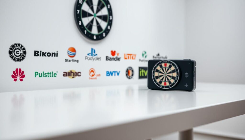 A professional, high-quality DSLR camera captures a close-up shot of various IPTV service provider logos and icons displayed on a sleek, minimalist white table. The lighting is soft and even, creating a clean, modern aesthetic. The logos are arranged in an organized grid pattern, showcasing a selection of the top IPTV options for streaming darts matches and tournaments. The image has a subtle depth of field, gently blurring the background to focus the viewer's attention on the service providers. The overall mood is one of clarity, simplicity, and the reliable availability of IPTV solutions for darts enthusiasts.