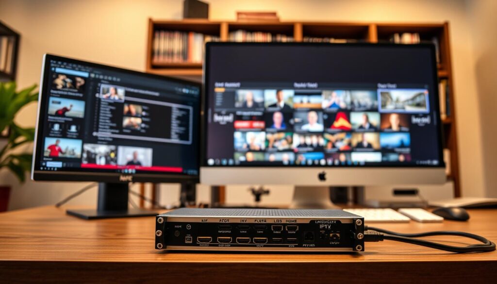 A professional-looking IPTV recording setup in a home office environment. A sleek, modern desktop computer with multiple display screens, housing a high-performance DVR system. Prominent in the foreground is a high-quality HDMI capture card, cables neatly organized, conveying the technical capabilities for legal content recording. In the background, bookcases filled with media and technical reference materials, creating an atmosphere of a dedicated home media workspace. Soft, even lighting illuminates the scene, highlighting the equipment's design and functionality. The overall impression is one of a carefully curated, efficient, and legitimate IPTV recording solution.