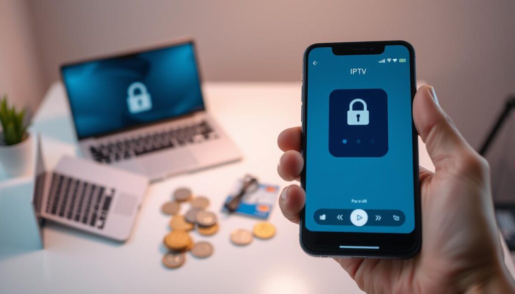 A secure IPTV payment transaction depicted with precision. In the foreground, a close-up of a hand holding a smartphone, its screen displaying a digital payment interface with padlock icons signifying security. In the middle ground, a bank card and various cryptocurrency tokens are positioned, highlighting the multiple payment options available. The background is a clean, minimalist workspace with a laptop and office supplies, conveying a professional, trustworthy atmosphere. Soft, diffused lighting casts a warm glow, creating a sense of safety and reliability. The overall composition emphasizes the secure and versatile nature of IPTV payment solutions.