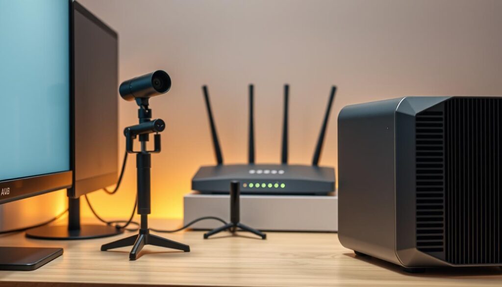 A secure streaming setup with a sleek, modern desktop computer and high-end streaming equipment. The foreground features a minimalist, aluminum-clad PC with a discreet LED power indicator. On the desk, a professional-grade webcam and a high-quality microphone stand, both in a matte black finish, exude an air of technical sophistication. The middle ground showcases a state-of-the-art network router, its antennas poised to ensure reliable, encrypted internet connectivity. In the background, a subtle lighting setup creates a warm, inviting ambiance, with indirect illumination highlighting the clean lines and premium materials of the setup. The overall atmosphere conveys a sense of privacy, security, and technical prowess - an ideal environment for seamless, secure adult IPTV streaming.