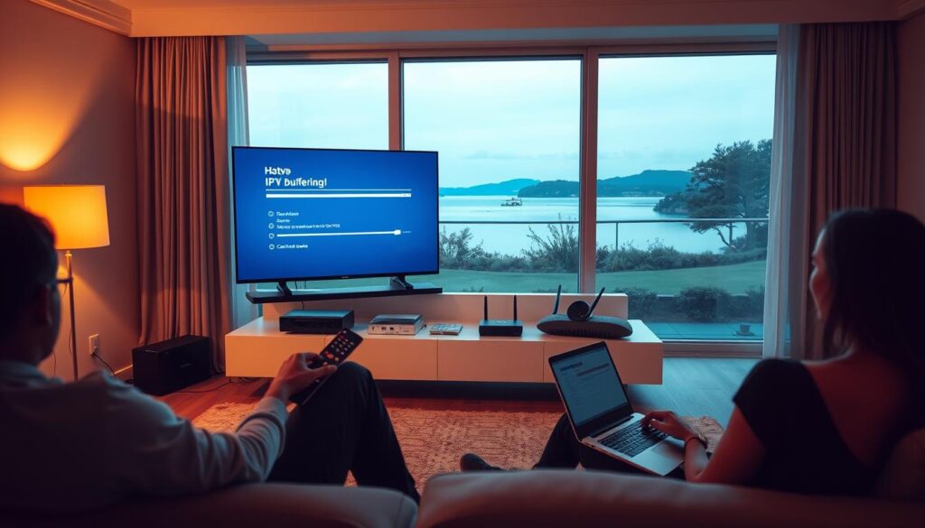 A serene living room interior with a large TV screen displaying a paused IPTV stream, surrounded by various networking devices and cables. The room is bathed in warm, diffused lighting, creating a cozy, relaxed atmosphere. In the foreground, a person sits on a comfortable couch, holding a remote control and examining the settings on a laptop, searching for a solution to the IPTV buffering issue. The mid-ground features a modem, router, and other IPTV hardware components, neatly arranged on a sleek, minimalist media console. The background showcases a large window overlooking a peaceful, scenic view, adding to the calming ambiance. The overall scene conveys a sense of troubleshooting and problem-solving in a serene, domestic setting.