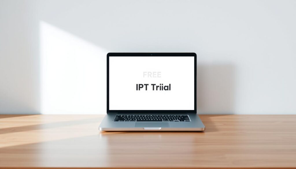 A serene, minimalist desktop scene showcasing a laptop displaying "Free IPTV Trial" on its screen. The laptop is positioned on a clean, wooden surface, with a sleek, modern aesthetic. Soft, diffused lighting gently illuminates the scene, creating a calming and inviting atmosphere. The background is a simple, gradient-based color palette, allowing the laptop and its content to be the focal point. The overall composition conveys a sense of simplicity, accessibility, and the opportunity to explore IPTV services without commitment.