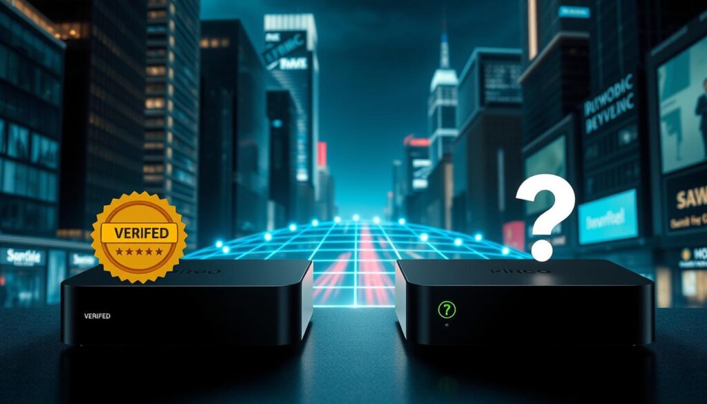 A side-by-side comparison of a verified and an unverified IPTV service. In the foreground, two stylized IPTV set-top boxes, one with a prominent verification badge, the other with a question mark. In the middle ground, a holographic grid representing network connectivity, with the verified box showing stable, high-bandwidth links, and the unverified box displaying erratic, low-quality connections. In the background, a cityscape of gleaming skyscrapers and neon-lit streets, symbolizing the urban landscape where these IPTV services operate. Dramatic lighting casts long shadows, heightening the contrast between the reliable and unreliable IPTV options. Cinematic camera angle and depth of field, creating a sense of scale and importance.