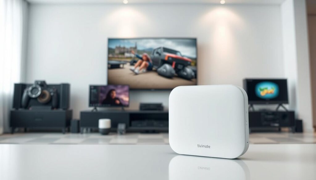 A sleek and modern TiviMate device, seamlessly integrated with a variety of other smart home appliances. The device is prominently displayed in the foreground, showcasing its minimalist yet functional design. In the middle ground, various connected devices like a smart TV, gaming console, and voice assistant are arranged neatly, creating a harmonious and interconnected setup. The background features a clean, minimalist interior with subtle lighting, emphasizing the advanced and sophisticated nature of the TiviMate integration. The overall scene conveys a sense of effortless control and advanced home automation, perfectly aligning with the section title "Integrating TiviMate with Other Devices".
