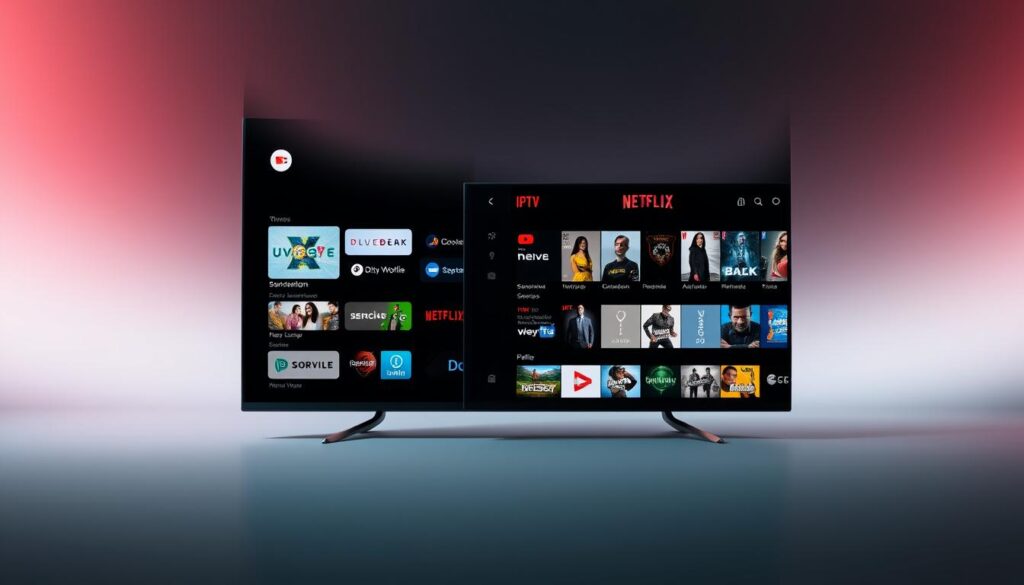 A sleek, high-contrast comparison of the user interfaces for IPTV and Netflix. In the foreground, the IPTV UI displays a grid of vibrant channel logos and program thumbnails, with a clean, minimalist design. In the middle ground, the Netflix UI showcases its iconic row-based layout, highlighting dynamic content recommendations. The background is a soft, gradient-based ambiance, creating a sense of depth and focus on the interfaces. Lighting is dramatic, with bold shadows and highlights accentuating the various UI elements. The overall mood is one of a professional, technology-driven comparison, inviting the viewer to explore the unique features and design choices of each platform.