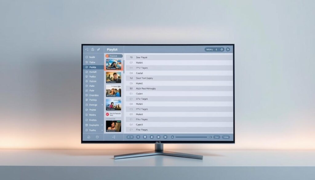 A sleek, minimalist VLC media player interface with a prominent m3u playlist panel. The playlist is displayed in a clean, easy-to-read format, showcasing various IPTV channel titles and thumbnails. The interface has a calm, subdued color palette, with shades of gray, blue, and white, creating a professional and functional aesthetic. The layout is well-organized, with intuitive controls and menus, allowing the user to navigate the IPTV sources seamlessly. The scene is illuminated by soft, diffused lighting, creating a subtle, ambient atmosphere that emphasizes the clarity and simplicity of the interface. The camera angle is slightly elevated, providing a clear, unobstructed view of the VLC player and the m3u playlist, highlighting its utility for managing IPTV content.