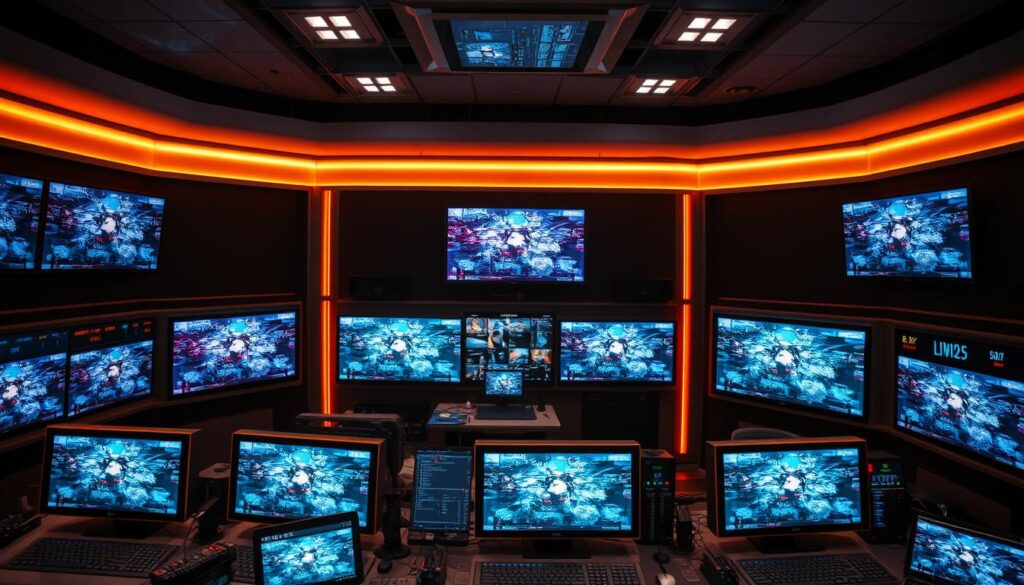 A sleek, modern control room filled with rows of high-resolution displays, each showing a live feed from various channels and streaming platforms. Holographic user interfaces and advanced monitoring systems are visible, creating an atmosphere of technological sophistication. Soft, ambient lighting illuminates the scene, casting a warm glow over the equipment and creating a sense of atmosphere. The overall impression is one of a cutting-edge, professional media center at the forefront of live streaming technology.