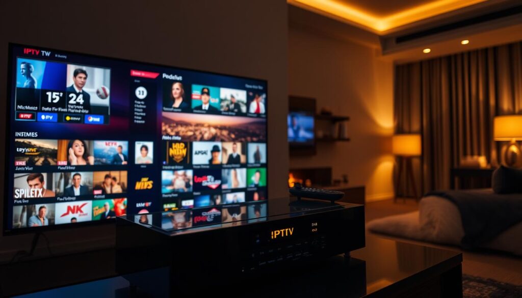 A sleek, modern home entertainment system showcasing an array of IPTV channels and content. In the foreground, a large high-definition television displays a diverse selection of programming, from live news and sports to on-demand movies and shows. The middle ground features a state-of-the-art media center, its touch-sensitive controls and intuitive interface offering seamless navigation through the IPTV ecosystem. The background depicts a cozy, dimly lit living room, with ambient lighting accentuating the warm, cinematic atmosphere. The entire scene is captured with a wide-angle lens, emphasizing the cohesive integration of technology and home decor, creating an immersive and inviting IPTV experience.