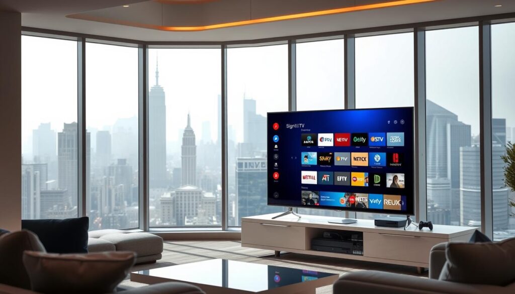 A sleek, modern interior with large windows overlooking a bustling city skyline. In the foreground, a state-of-the-art smart TV displaying a vibrant, high-definition IPTV interface, its icons and menus crisp and intuitive. The TV is placed on a minimalist media console, surrounded by various streaming devices and gaming consoles, all seamlessly integrated. The middle ground features a comfortable living room setup, with plush seating and accent lighting, creating a cozy atmosphere for multimedia entertainment. In the background, the cityscape outside the windows is visible, with towering skyscrapers and a hazy, metropolitan ambiance, suggesting the boundless connectivity and global reach of internet-based television.
