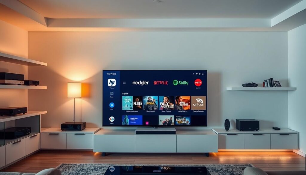 A sleek, modern living room with a large flat-screen TV displaying various IPTV channel logos and content thumbnails. The room is well-lit with warm, diffused lighting creating a cozy atmosphere. The TV takes up the central focus, flanked by minimalist shelves and cabinets showcasing streaming devices and other home entertainment equipment. The overall scene conveys the idea of a cutting-edge, cable-free home media setup, reflecting the transition towards IPTV as the dominant entertainment platform.