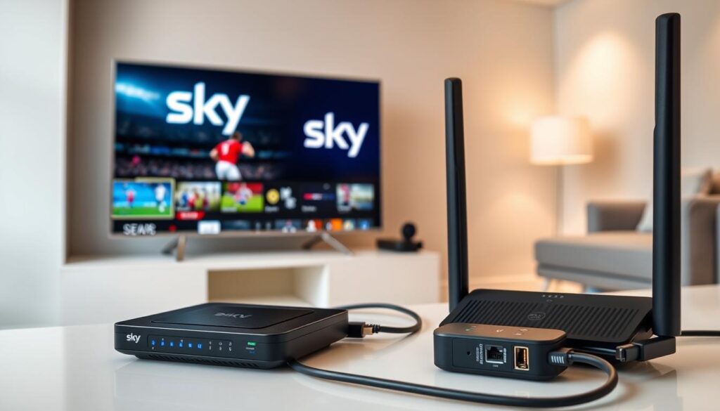 A sleek, modern setup for IPTV streaming of Sky Sports. In the foreground, a high-end internet router and a streaming device like a Roku or Amazon Fire TV Stick. On the screen, the Sky Sports logo and live sports action. The middle ground features a tidy cable management setup, with HDMI and Ethernet cables neatly routed. In the background, a minimalist living room or home office space, with neutral tones and clean lines. Soft, indirect lighting creates a warm, inviting atmosphere. The overall scene conveys a seamless, effortless way to access premium sports content through IPTV technology.