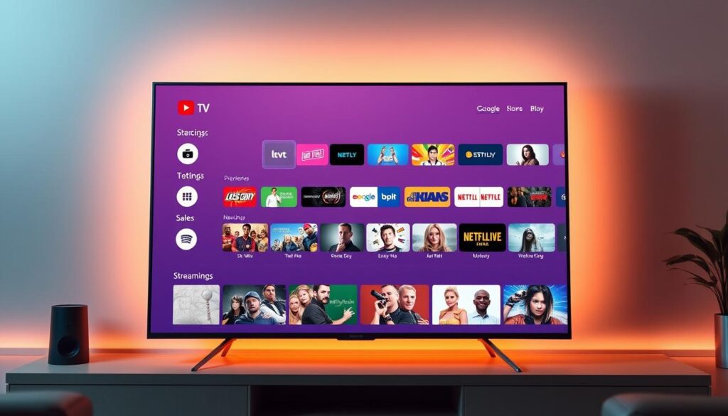 A sleek, modern television interface with a curated streaming guide displayed on a large high-definition screen. The guide features a clean, minimalist design with clear categories, intuitive navigation, and high-quality thumbnails for various streaming services and content. The screen is bathed in a soft, warm lighting that creates a cozy, inviting atmosphere, complemented by a subtle chromatic gradient in the background. The scene conveys a sense of technological sophistication and user-friendly accessibility, perfectly capturing the essence of a comprehensive IPTV streaming experience.