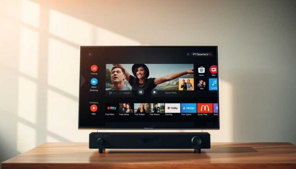 A sleek, user-friendly streaming interface set against a soft, muted background. The foreground features a clean, minimalist design with intuitive controls and a large central video player. The middle ground showcases a grid of app icons and content categories, allowing for easy navigation. The background has a subtle, blurred gradient that creates a sense of depth and focus. Warm, natural lighting illuminates the scene, giving it a cozy, inviting atmosphere. The overall composition conveys a sense of simplicity, accessibility, and a premium user experience tailored for IPTV Smarters Pro.