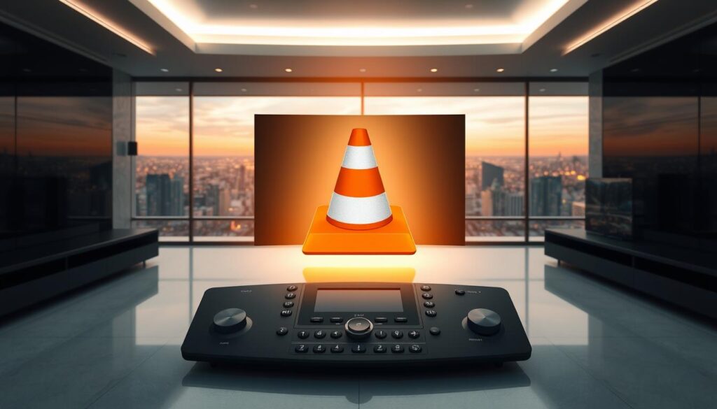 A sophisticated VLC media player interface hovers amidst a sleek, modern interior. In the foreground, an IPTV streaming service's logo stands prominently, casting a warm glow across the scene. The middle ground features an array of media playback controls, meticulously designed to provide a seamless user experience. In the background, a panoramic view of a cityscape unfolds, hinting at the global reach and versatility of the IPTV platform. The lighting is soft and ambient, creating a sense of comfort and technological sophistication. The overall composition conveys the idea of a comprehensive, user-friendly IPTV solution integrated seamlessly with the VLC media player.
